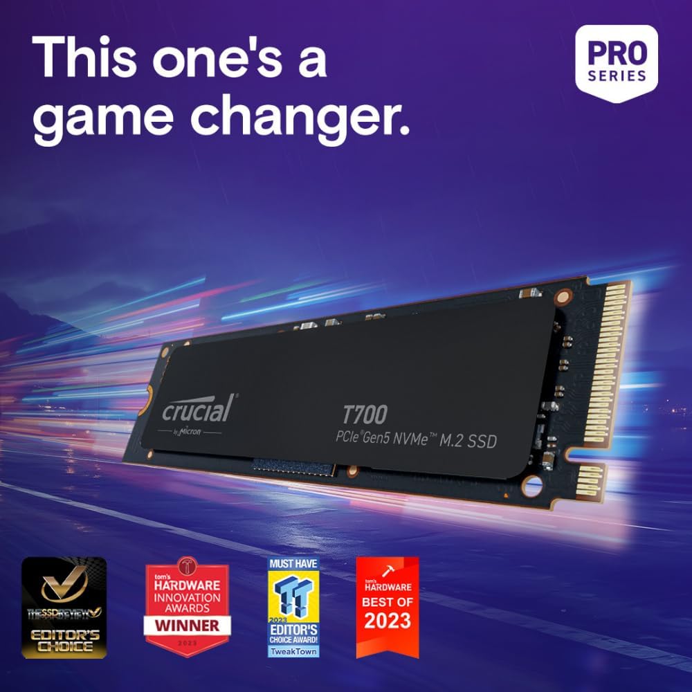 Crucial T700 1TB M.2 NVMe PCIe Gen5 SSD - Up to 11,700MB/s Extreme Performance Storage