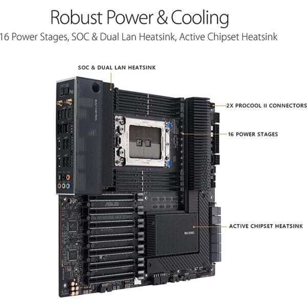 Asus Pro WS WRX80E-SAGE SE WIFI AMD WRX80 Ryzen™ Threadripper™ PRO extended-ATX workstation motherboard with Intel dual 10 G LAN, USB 3.2 Gen 2x2 Type-C port, 7 x PCIe 4.0 x16 slots, 3 x M.2 PCIe 4.0, ASMB9-iKVM, 2 x U.2 and 16 power stages