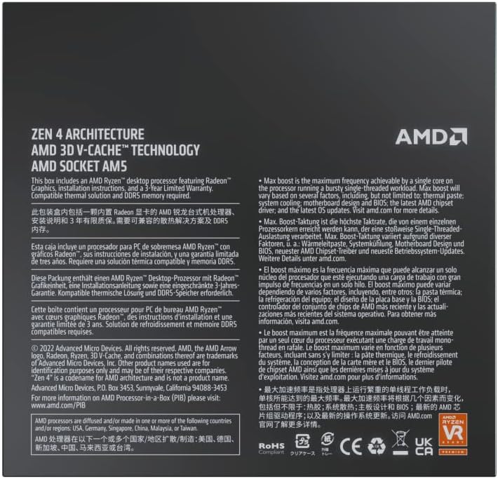 AMD Ryzen 7 7800X3D Processor Box – 8‑Core Zen 4, AM5, Up to 5.0GHz, 96MB 3D V‑Cache, Radeon Graphics