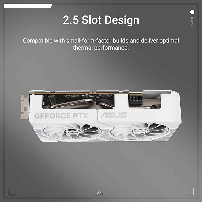 ASUS Dual GeForce RTX™ 5060 OC Edition White 8GB GDDR7 Gaming Graphics Card (PCIe 5.0, HDMI 2.1b, 3x DisplayPort 2.1b, 2.5-Slot, Dual Axial-tech Fan, 0dB Technology, DLSS 4)