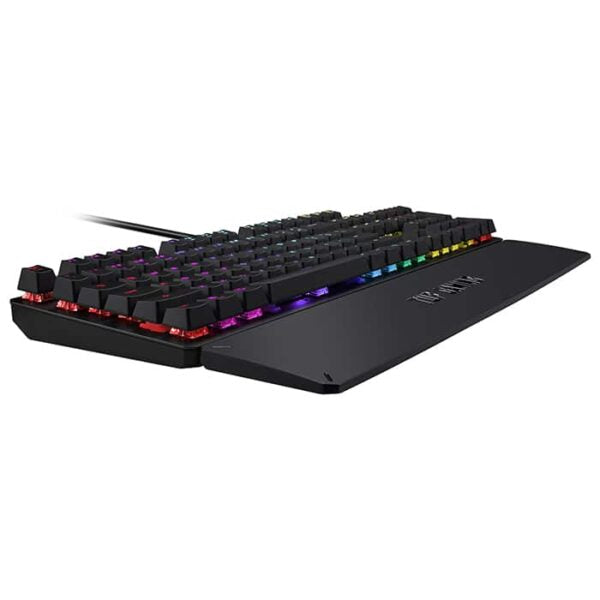 ASUS TUF Gaming K3 RGB mechanical keyboard with N-key rollover, combination media keys, USB 2.0 passthrough, aluminum-alloy top cover, wrist rest, eight programmable