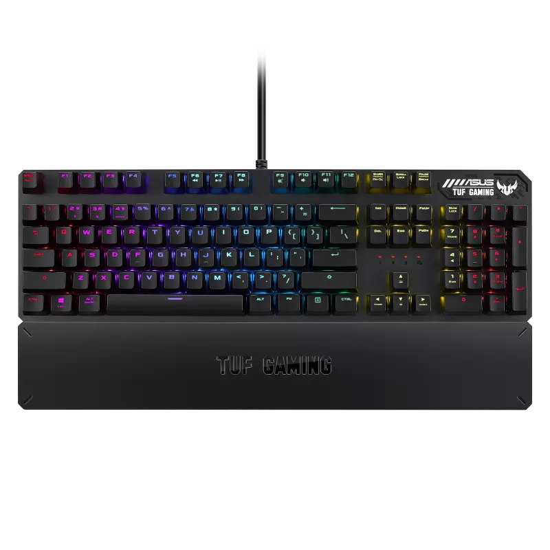 ASUS TUF Gaming K3 RGB mechanical keyboard with N-key rollover, combination media keys, USB 2.0 passthrough, aluminum-alloy top cover, wrist rest, eight programmable macro keys and Aura Sync lighting