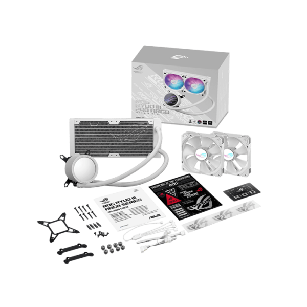 ASUS ROG Ryuo III 240 white edition all-in-one liquid CPU cooler with Asetek 8th gen pump solution, Anime Matrix LED Display and ROG ARGB cooling fans