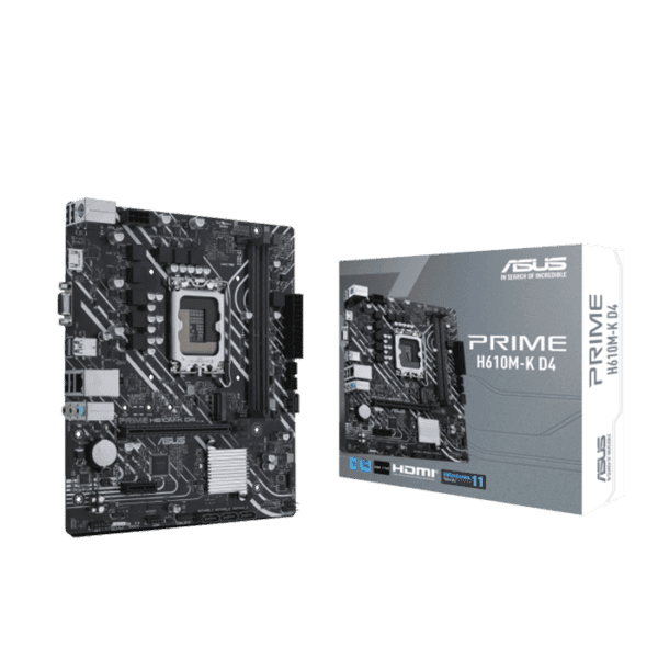 Asus Prime H610M-K D4Intel® H610 (LGA 1700) mic-ATX motherboard with DDR4, PCIe 4.0, M.2 slot, Realtek 1 Gb Ethernet, HDMI®, D-Sub, USB 3.2 Gen 1 ports, SATA 6 Gbps, COM header, RGB header