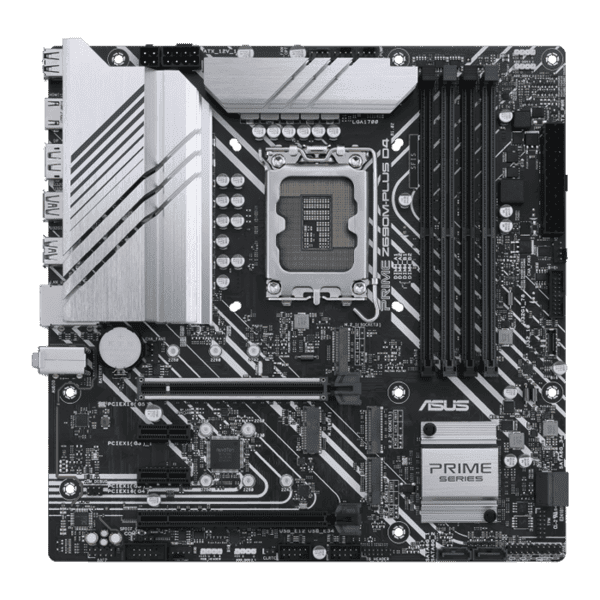 Asus PRIME Z690M-PLUS D4Intel® Z690 (LGA 1700) mATX motherboard with PCIe® 5.0, three M.2 slots, 10+1 DrMOS, DDR4, HDMI®, DisplayPort