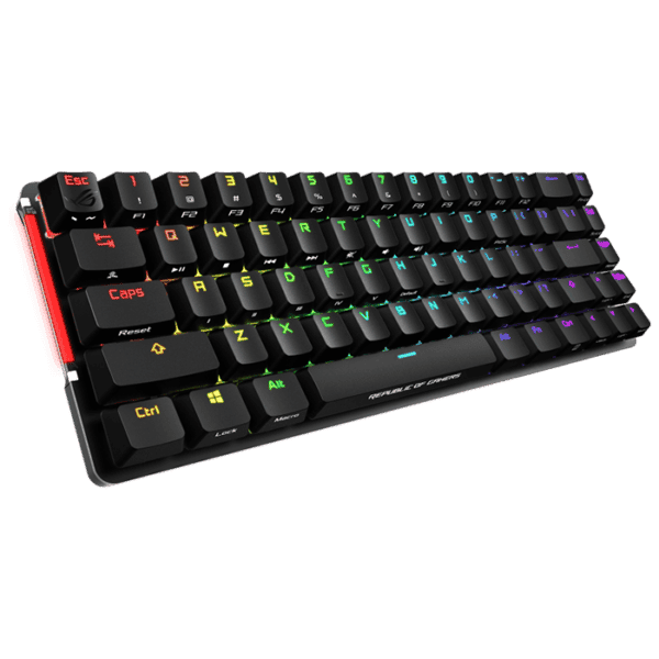 ROG Falchion 65% wireless mechanical gaming keyboard with 68 keys, wireless Aura Sync lighting, interactive touch panel, keyboard cover case, Cherry MX switches, and up to 450-hour battery life