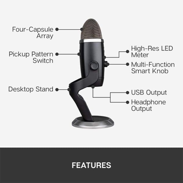Logitech Yeti X Blackout Professional USB Microphone, 48 kHz 24 Bit Rate, 20Hz – 20kHz Frequency Response, 122dB Sensitivity, Omnidirectional, Black