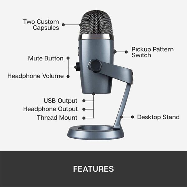 Logitech Blue Yeti Nano USB Microphone, 20Hz – 20kHz Frequency Response, 24 Bit Rate, 120dB Max SPL, USB 3.5 mm Connector Type, Shadow Gray