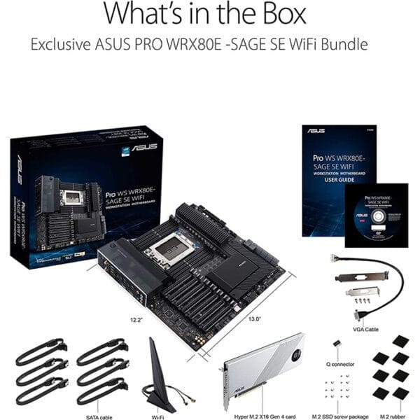 Asus Pro WS WRX80E-SAGE SE WIFI AMD WRX80 Ryzen™ Threadripper™ PRO extended-ATX workstation motherboard with Intel dual 10 G LAN, USB 3.2 Gen 2x2 Type-C port, 7 x PCIe 4.0 x16 slots, 3 x M.2 PCIe 4.0, ASMB9-iKVM, 2 x U.2 and 16 power stages