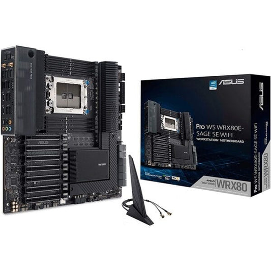 Asus Pro WS WRX80E-SAGE SE WIFI AMD WRX80 Ryzen™ Threadripper™ PRO extended-ATX workstation motherboard with Intel dual 10 G LAN, USB 3.2 Gen 2x2 Type-C port, 7 x PCIe 4.0 x16 slots, 3 x M.2 PCIe 4.0, ASMB9-iKVM, 2 x U.2 and 16 power stages