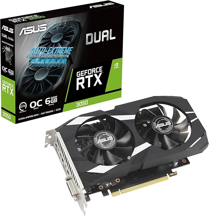 ASUS Dual GeForce RTX™ 3050 OC Edition 6GB GDDR6 Gaming Graphics Card (PCIe 4.0, HDMI 2.1, DisplayPort 1.4a, DVI-D, 2-Slot, Dual Fan, 0dB Technology)