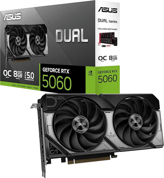 ASUS Dual GeForce RTX™ 5060 OC Edition 8GB GDDR7 Gaming Graphics Card (PCIe 5.0, 2565MHz Boost, DLSS 4, HDMI 2.1b, 3x DisplayPort 2.1b, 2.5-Slot, Axial-tech Fan, 0dB Technology, Vented Backplate)
