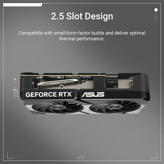 ASUS Dual GeForce RTX™ 5060 OC Edition 8GB GDDR7 Gaming Graphics Card (PCIe 5.0, 2565MHz Boost, DLSS 4, HDMI 2.1b, 3x DisplayPort 2.1b, 2.5-Slot, Axial-tech Fan, 0dB Technology, Vented Backplate)