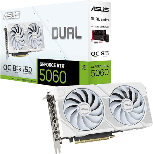 ASUS Dual GeForce RTX™ 5060 OC Edition White 8GB GDDR7 Gaming Graphics Card (PCIe 5.0, HDMI 2.1b, 3x DisplayPort 2.1b, 2.5-Slot, Dual Axial-tech Fan, 0dB Technology, DLSS 4)