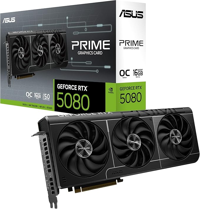 ASUS Prime GeForce RTX™ 5080 OC Edition 16GB GDDR7 Gaming Graphics Card (PCIe 5.0, DLSS 4, HDMI 2.1b, 3x DisplayPort 2.1a, SFF Ready, Dual BIOS, Axial-tech Fans)