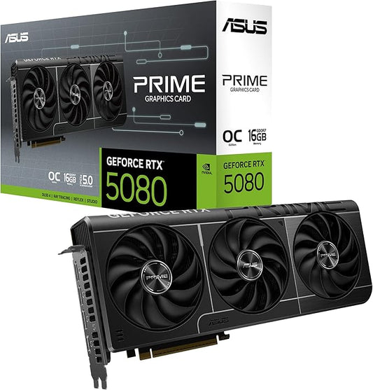 ASUS Prime GeForce RTX™ 5080 OC Edition 16GB GDDR7 Gaming Graphics Card (PCIe 5.0, DLSS 4, HDMI 2.1b, 3x DisplayPort 2.1a, SFF Ready, Dual BIOS, Axial-tech Fans)