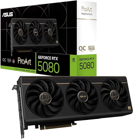 ASUS ProArt GeForce RTX™ 5080 OC Edition 16GB GDDR7 Graphics Card (PCIe 5.0, DLSS 4, USB Type-C, HDMI 2.1b, 3x DisplayPort 2.1b, 2.5-Slot, Vapor Chamber, Phase-Change Thermal Pad)
