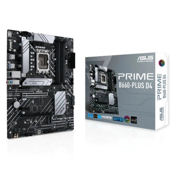 Asus Prime B660-PLUS D4 Intel® B660 (LGA 1700) ATX motherboarIntel® B660 (LGA 1700) ATX motherboard with 8 power stages, PCIe 4.0 slots, three M.2 slots, D-Sub, Aura Sync