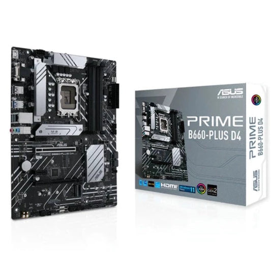 Asus Prime B660-PLUS D4 Intel® B660 (LGA 1700) ATX motherboarIntel® B660 (LGA 1700) ATX motherboard with 8 power stages, PCIe 4.0 slots, three M.2 slots, D-Sub, Aura Sync