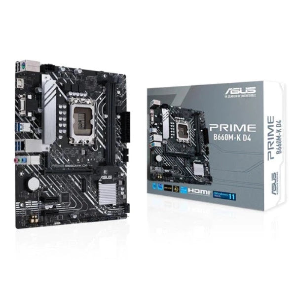 Asus Prime B660M-K D4 Intel® B660 (LGA 1700) mATX motherboard with PCIe® 4.0, two M.2 slots, DDR4, HDMI®, D-Sub, Realtek 1Gb Ethernet, front USB 3.2 Gen 1, ASUS Lighting Control