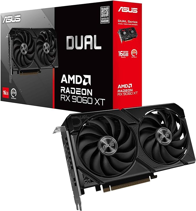 ASUS Dual Radeon™ RX 9060 XT 16GB GDDR6 Graphics Card (PCIe 5.0, HDMI 2.1b, DisplayPort 2.1a, 2.5-Slot, Axial-tech Fan, 0dB Technology)