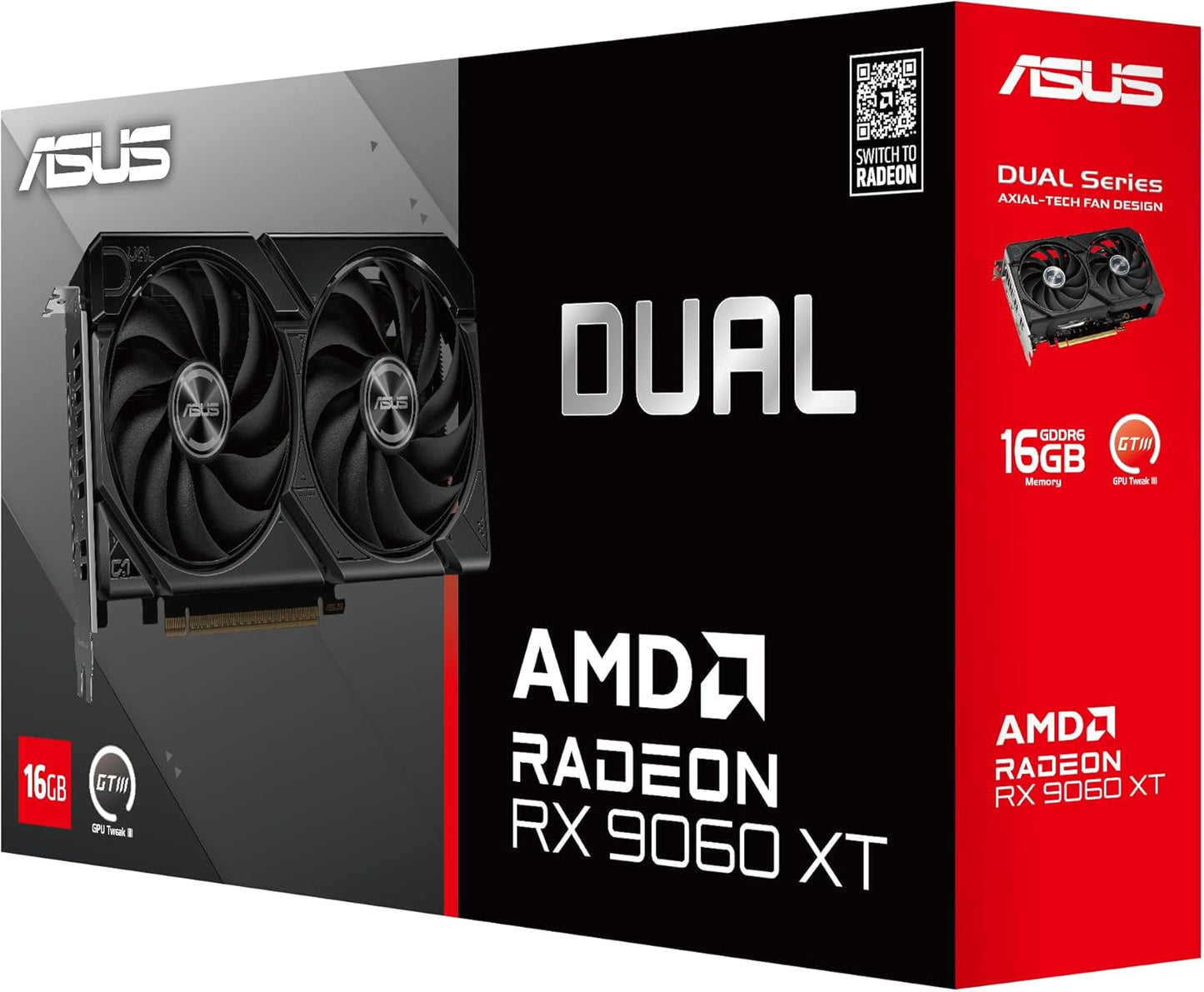 ASUS Dual Radeon™ RX 9060 XT 16GB GDDR6 Graphics Card (PCIe 5.0, HDMI 2.1b, DisplayPort 2.1a, 2.5-Slot, Axial-tech Fan, 0dB Technology)
