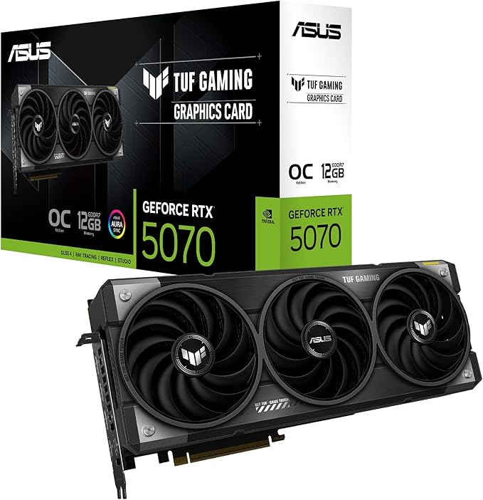 ASUS TUF Gaming GeForce RTX™ 5070 OC Edition 12GB GDDR7 Gaming Graphics Card (PCIe 5.0, DLSS 4, HDMI 2.1b, 3x DisplayPort 2.1b, 3.1-Slot, Military-grade Components, Black)