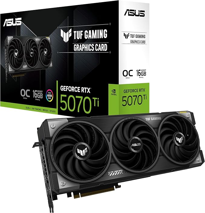 ASUS TUF Gaming GeForce RTX™ 5070 Ti OC Edition 16GB GDDR7 Gaming Graphics Card (PCIe 5.0, DLSS 4, HDMI 2.1b, 3x DisplayPort 2.1b, 3.1-Slot, Military-grade Components, Axial-tech Fans)