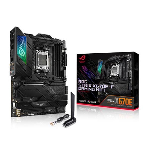 Asus Rog strix X670E-F Gaming WiFi AMD X670 ATX motherboard with 16 + 2 power stages, DDR5 support, one PCIe 5.0® x16 slot with Q-Release, four M.2 slots with heatsinks, PCIe 5.0 NVMe® SSD support