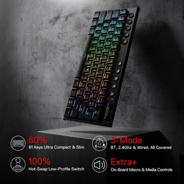 Redragon K632 PRO Noctis 60% Wireless RGB Mechanical Keyboard, Bluetooth/2.4Ghz/Wired Tri-Mode Ultra-Thin Low Profile Gaming Keyboard