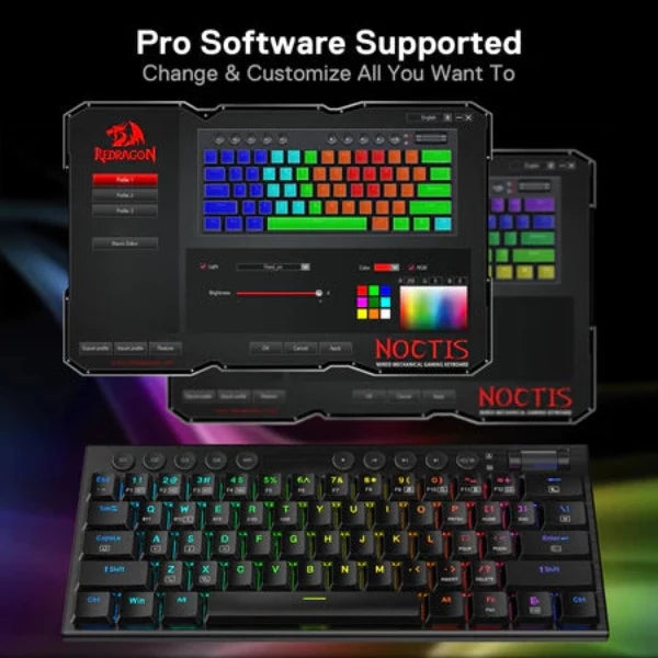 Redragon K632 PRO Noctis 60% Wireless RGB Mechanical Keyboard, Bluetooth/2.4Ghz/Wired Tri-Mode Ultra-Thin Low Profile Gaming Keyboard