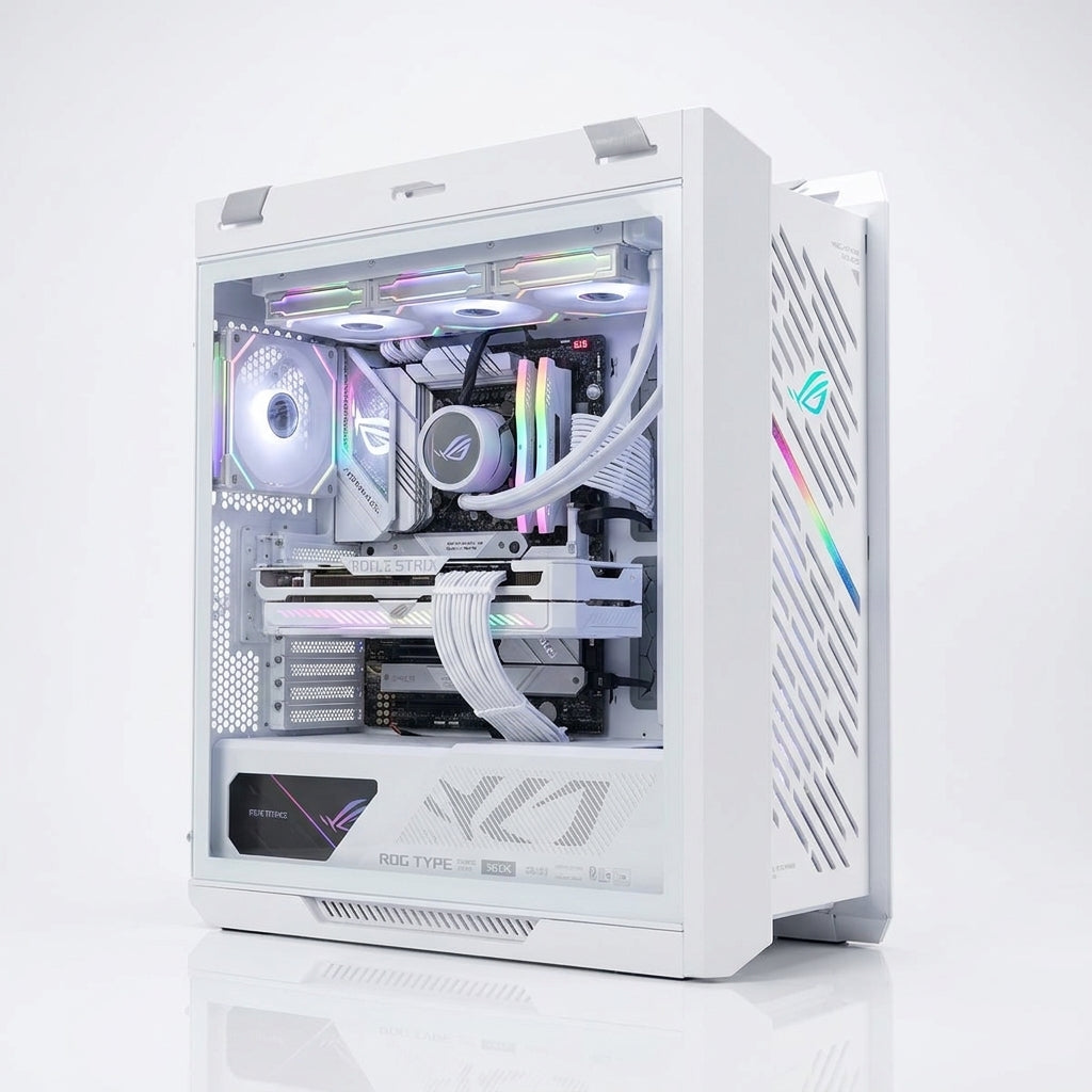 Emarat Gamers ROG White Ultra PC – Intel Core Ultra 9 285K, ROG Astral RTX 5080 16GB OC White, 64GB DDR5, Samsung 990 PRO 1TB, ROG Strix B860‑A & Helios White