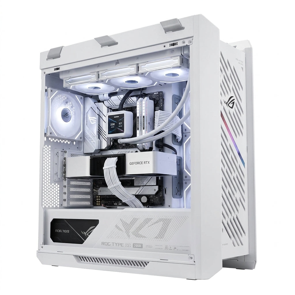 Emarat Gamers ROG White Ultra PC – Intel Core Ultra 9 285K, ROG Astral RTX 5080 16GB OC White, 64GB DDR5, Samsung 990 PRO 1TB, ROG Strix B860‑A & Helios White