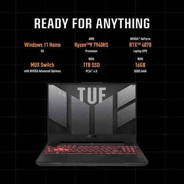 ASUS TUF GAMING A15 FA507XI-LP018W | AMD Ryzen9 7940HS, 16GB RAM, 1TB SSD, 8GB NVIDIA RTX 4070, 15.6"FHD 144Hz, Win11 Home, Eng-Arab K/B, Gray