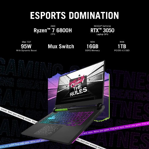 ASUS ROG STRIX G713RC-HX040W | AMD Ryzen R7 6800HS 3.20Ghz, 16GB RAM, 1TB SSD, 4GB NVIDIA GeForce RTX 3050, 17.3" FHD 144Hz Display, Wireless, Bluetooth, Windows 11 Home, Eng-Arabic Keyboard, Grey Color, 2 Years ASUS Warranty.