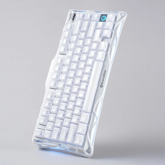 GravaStar Mercury K1 Opaline  white mechanical keyboard with a translucent, wavy protective case, shown standing upright on a light gray background. The brand name 'UnravelChat' is visible on the bottom right of the keyboard.