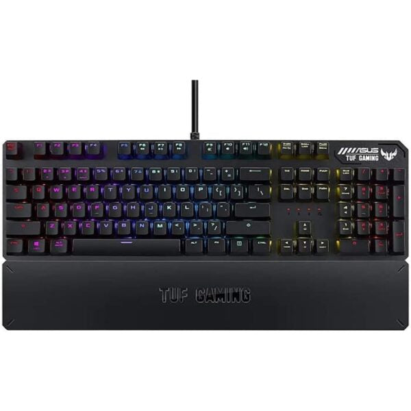 ASUS TUF Gaming K3 RGB mechanical keyboard with N-key rollover, combination media keys, USB 2.0 passthrough, aluminum-alloy top cover, wrist rest, eight programmable macro keys and Aura Sync lighting