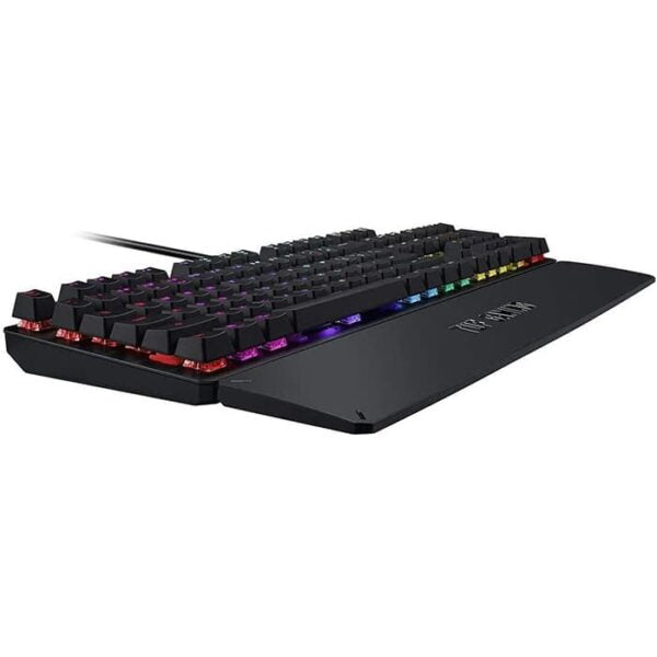 ASUS TUF Gaming K3 RGB mechanical keyboard with N-key rollover, combination media keys, USB 2.0 passthrough, aluminum-alloy top cover, wrist rest, eight programmable macro keys and Aura Sync lighting
