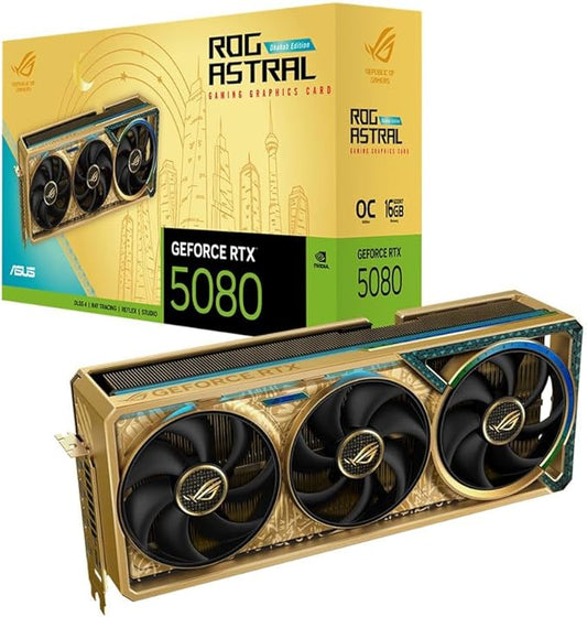 ASUS ROG Astral GeForce RTX™ 5080 Dhahab CORE OC Edition 16GB GDDR7 Gaming Graphics Card (PCIe 5.0, DLSS 4, 2x HDMI 2.1b, 3x DisplayPort 2.1b, 3.8-Slot, Quad Fan, Vapor Chamber, ARGB)