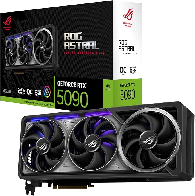 ASUS ROG Astral GeForce RTX™ 5090 OC Edition Gaming Graphics Card (PCIe® 5.0, 32GB GDDR7, HDMI®/DP 2.1, 3.8-Slot, 4-Fan Design, Axial-tech Fans, Patented Vapor Chamber, Phase-Change GPU Thermal pad)