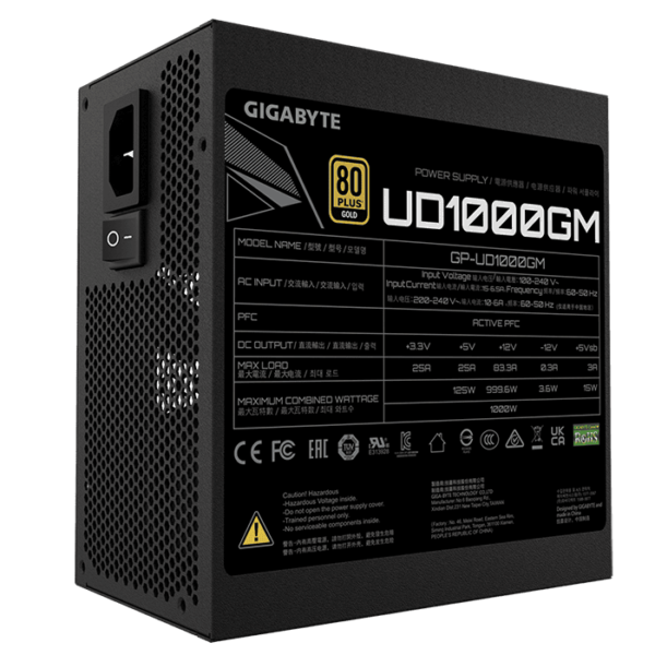 GIGABYTE UD1000GM PG5 1000W Fully Modular PSU, 80 PLUS Gold Certified, 120mm Smart Hydraulic Bearing (Hyb) Fan, Active PFC, Main Japanese Capacitors, Support PCIe Gen 5.0 GPU, Black
