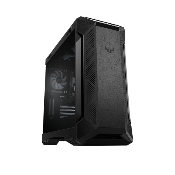 ASUS TUF Gaming GT501 case supports up to EATX with metal front panel, tempered-glass side panel, 120 mm RGB fan, 140 mm PWM fan, radiator space reserved, and USB 3.1 Gen 1