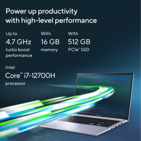 Asus Vivobook 15 (X1502) (2022) Laptop – 12th Gen / Intel Core i7-12700H / 15.6inch FHD / 512GB SSD / 16GB RAM / Shared Intel Iris Xe Graphics / Windows 11 Home / English & Arabic Keyboard / Silver / Middle East Version