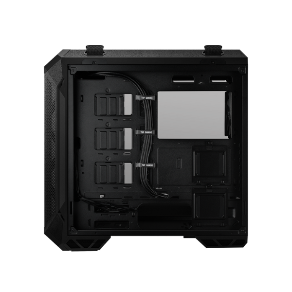 ASUS TUF Gaming GT501 case supports up to EATX with metal front panel, tempered-glass side panel, 120 mm RGB fan, 140 mm PWM fan, radiator space reserved, and USB 3.1 Gen 1
