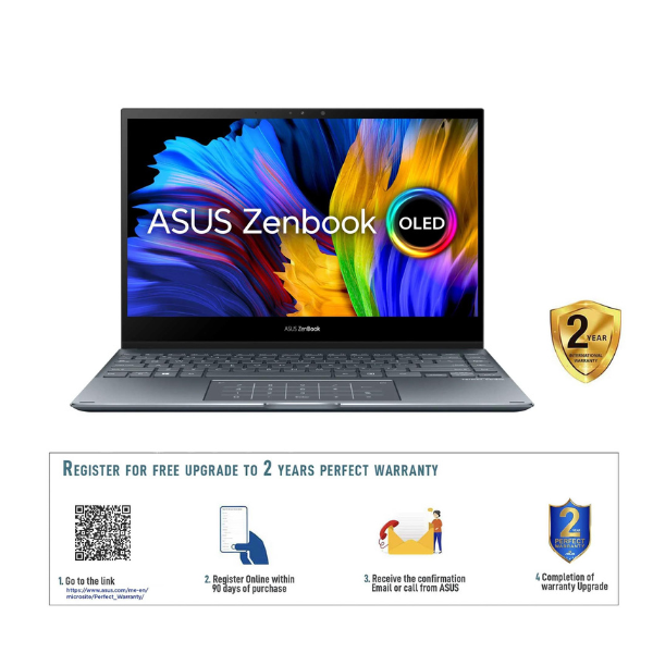 ASUS ZENBOOK FLIP 13 UX363EA-OLED101W | Intel Core i7 1165G7 2.8GHZ, 16GB, 1TB SSD, Intel HD Graphics, 13.3" OLED FHD Display Touch n Flip, Wireless, Bluetooth, Camera, Stylus Pen, Windows 11 Home, Eng-Arabic Keyboard, Grey Color, ASUS Sleeve Case.