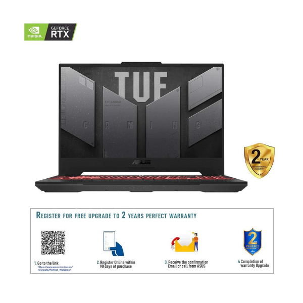 ASUS TUF GAMING FA507NU-LP031W | AMD R7 7735H 3.20 GHZ, 16GB RAM, 512GB SSD, 6GB NVIDIA GeForce RTX 4050 Graphics, 15.6" FHD 144HZ, Windows 11 Home, Eng-Arabic Keyboard, Gray Color, 2 Years ASUS Warranty.