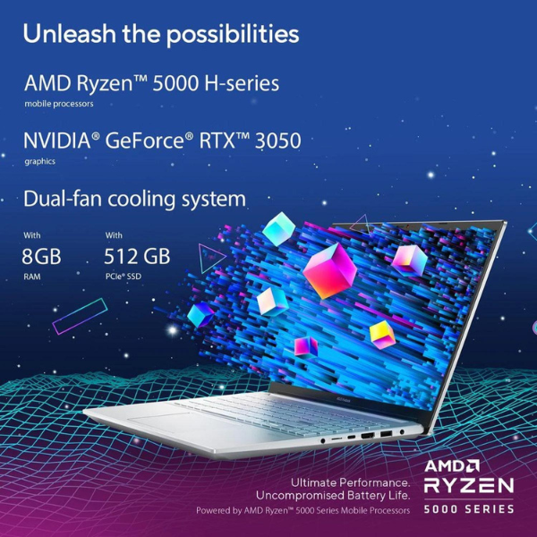 ASUS VIVOBOOK M3500QC-OLED1R5W | Ryzen R5 5600H, 8GB, 512GB SSD, 15.6" OLED FHD, 4GB NIVIDIA RTX 3050 Graphics, Win11 Home, Eng-Arab K/B, Silver