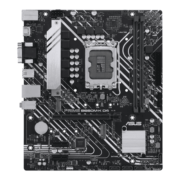 Asus Prime B660M-K D4 Intel® B660 (LGA 1700) mATX motherboard with PCIe® 4.0, two M.2 slots, DDR4, HDMI®, D-Sub, Realtek 1Gb Ethernet, front USB 3.2 Gen 1, ASUS Lighting Control