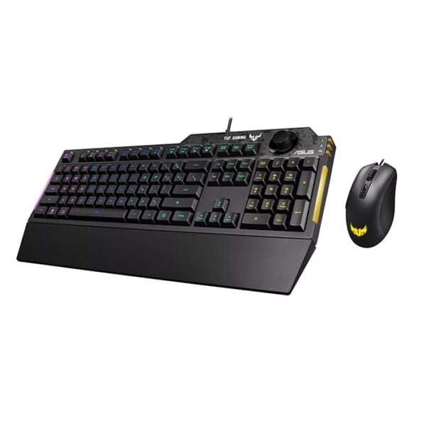 ASUS TUF Gaming K1 RGB keyboard with five-zone RGB, dedicated volume knob and spill-resistance, plus TUF Gaming M3 optical gaming mouse with 7000 dpi sensor, seven programmable buttons and Aura Sync lighting.