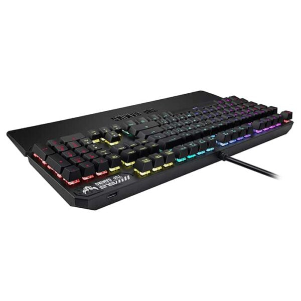 ASUS TUF Gaming K3 RGB mechanical keyboard with N-key rollover, combination media keys, USB 2.0 passthrough, aluminum-alloy top cover, wrist rest, eight programmable